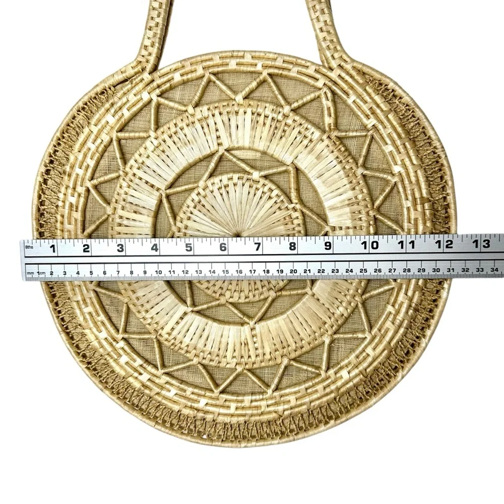 Vintage Hand-Woven Straw Raffia Handbag Natural Geo Sun Beach Bag‎ Boho Coastal
